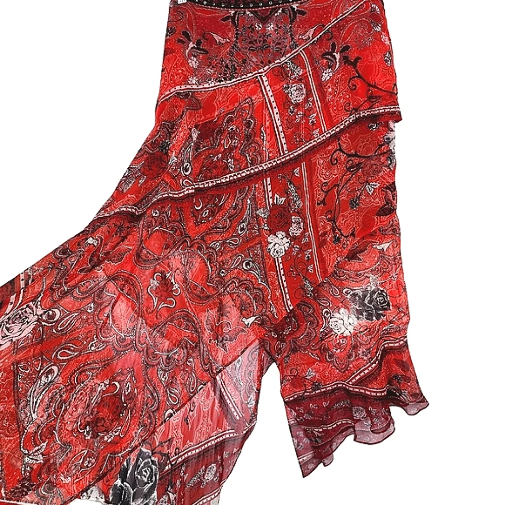 Camilla long skirt embellished hankerchief style red & paisley - size 16 - Picture 1 of 17